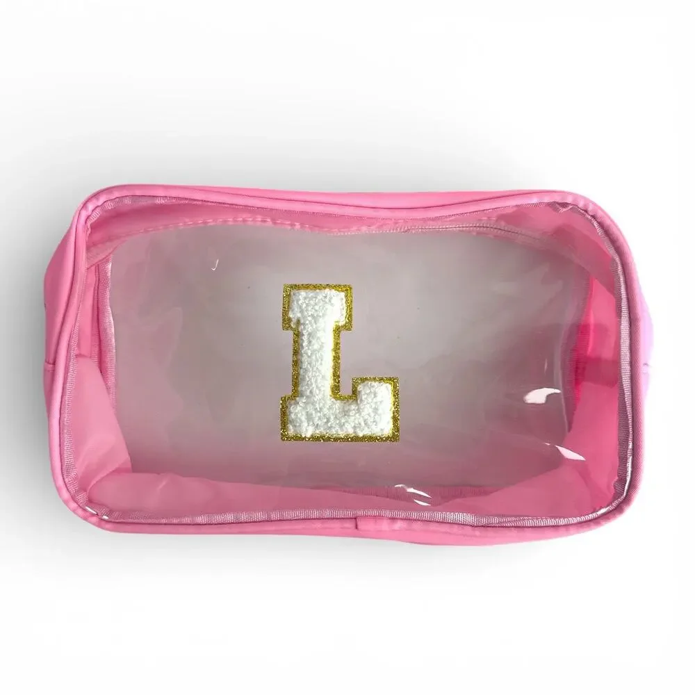 Pink Clear Initial L Makeup Bag Cosmetic Toiletry Travel Pouch Waterproof NWOT